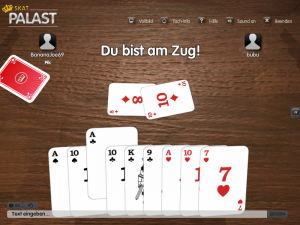Screenshot des kostenlosen Skat Spiels mit "du bist am Zug"